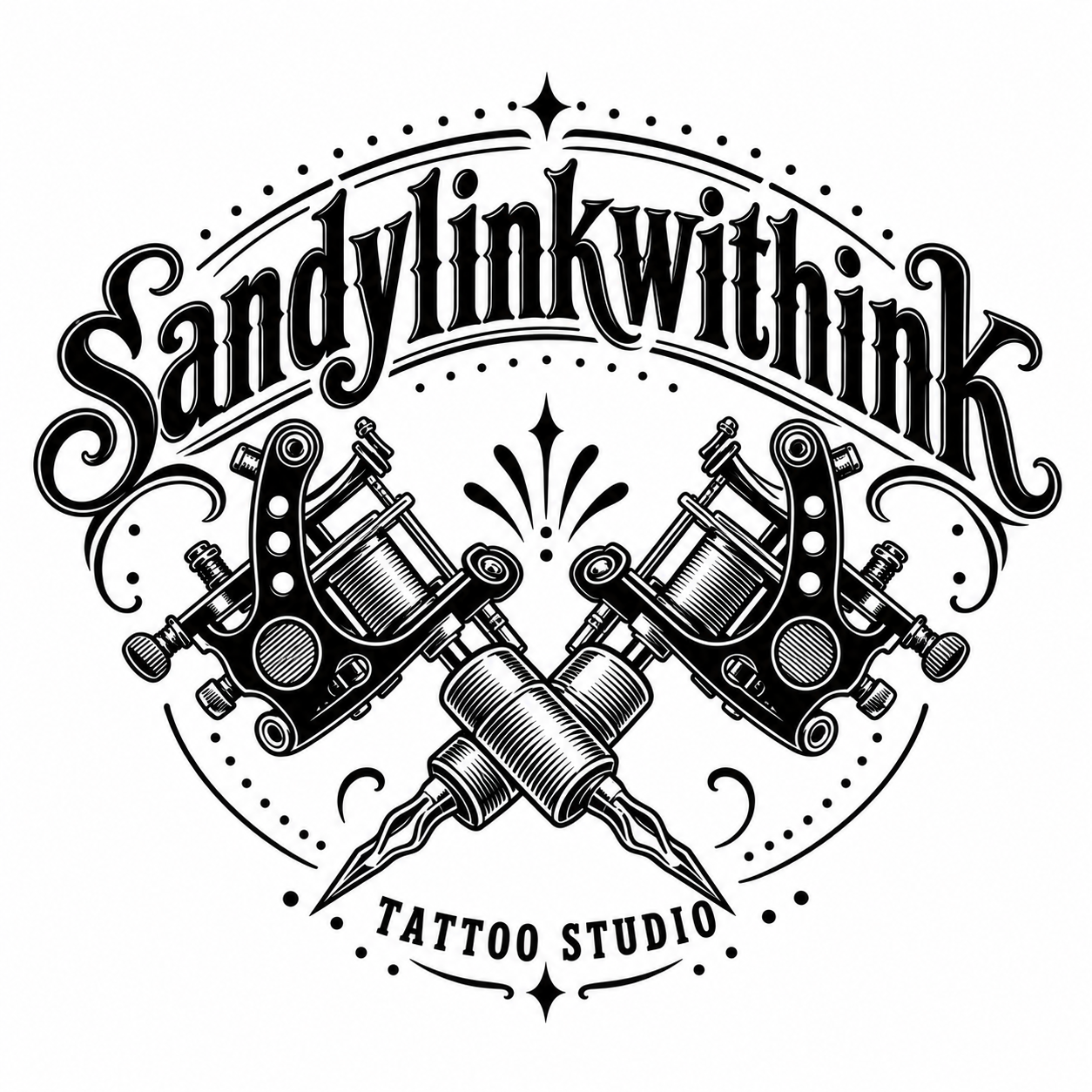 Sandylinkwithink Tattoo Studio — approved logo with crossed tattoo machines.
